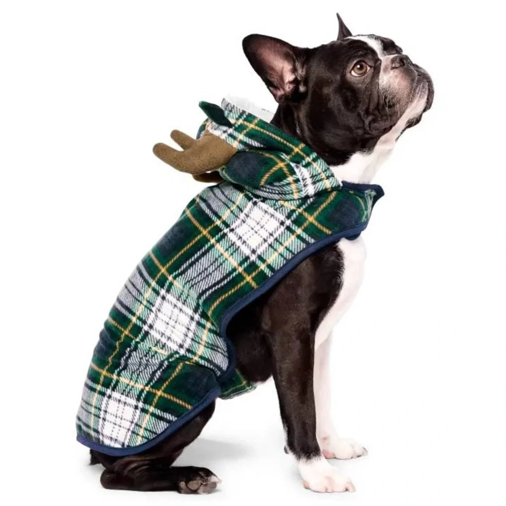 Green Plaid Reindeer Dog Hoodie Sweater Costume Pet XL Holiday Christmas Novelty